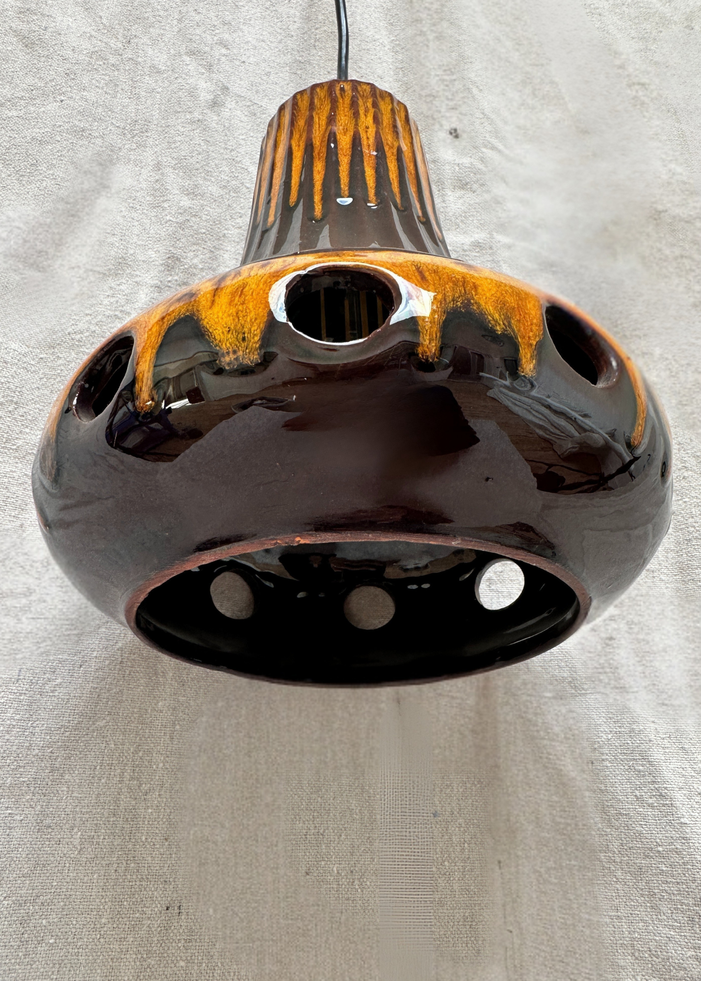 German 1970's Brown & Orange Glazed Pendant Lamp