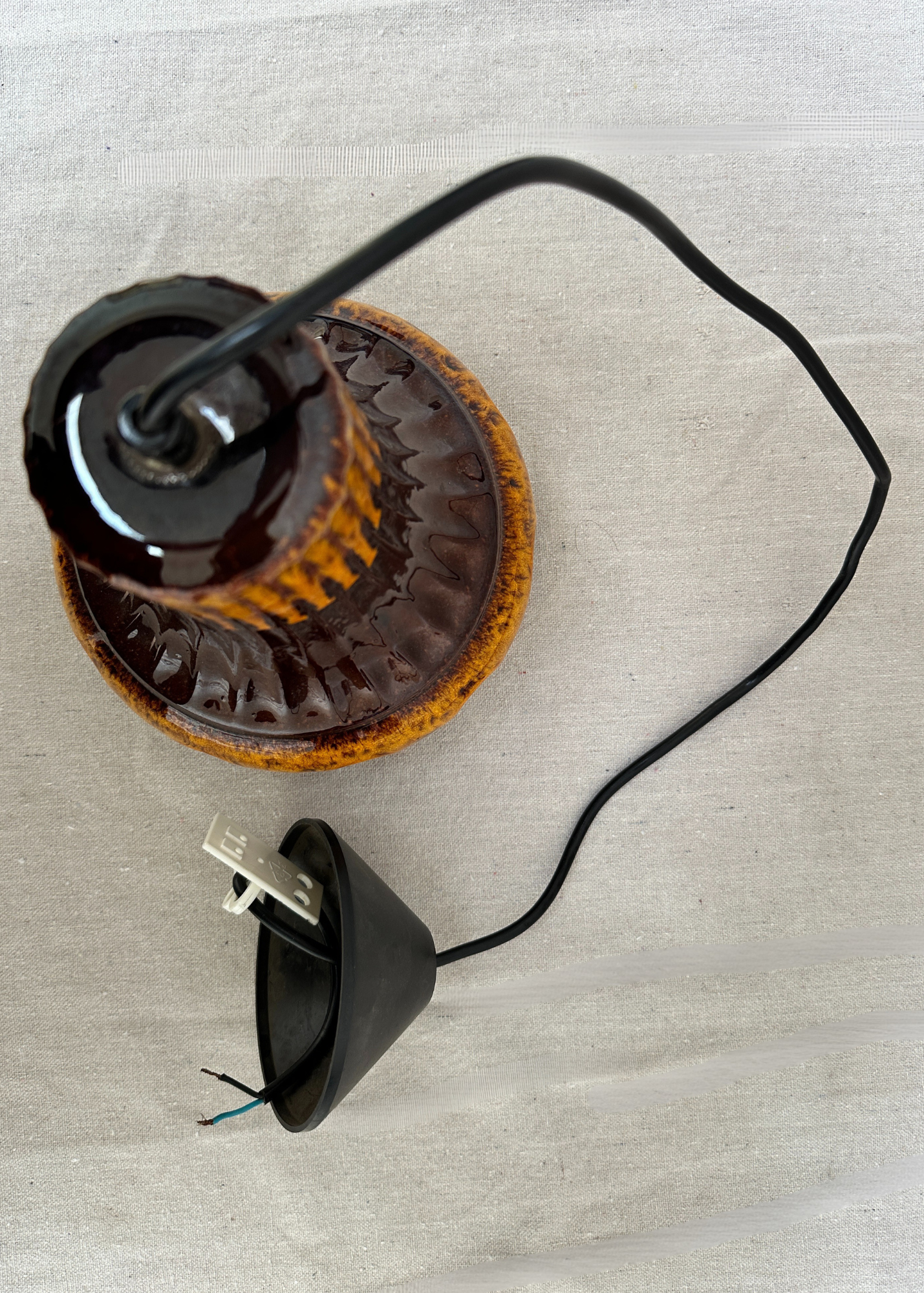 German 1970's Brown & Orange Glazed Pendant Lamp