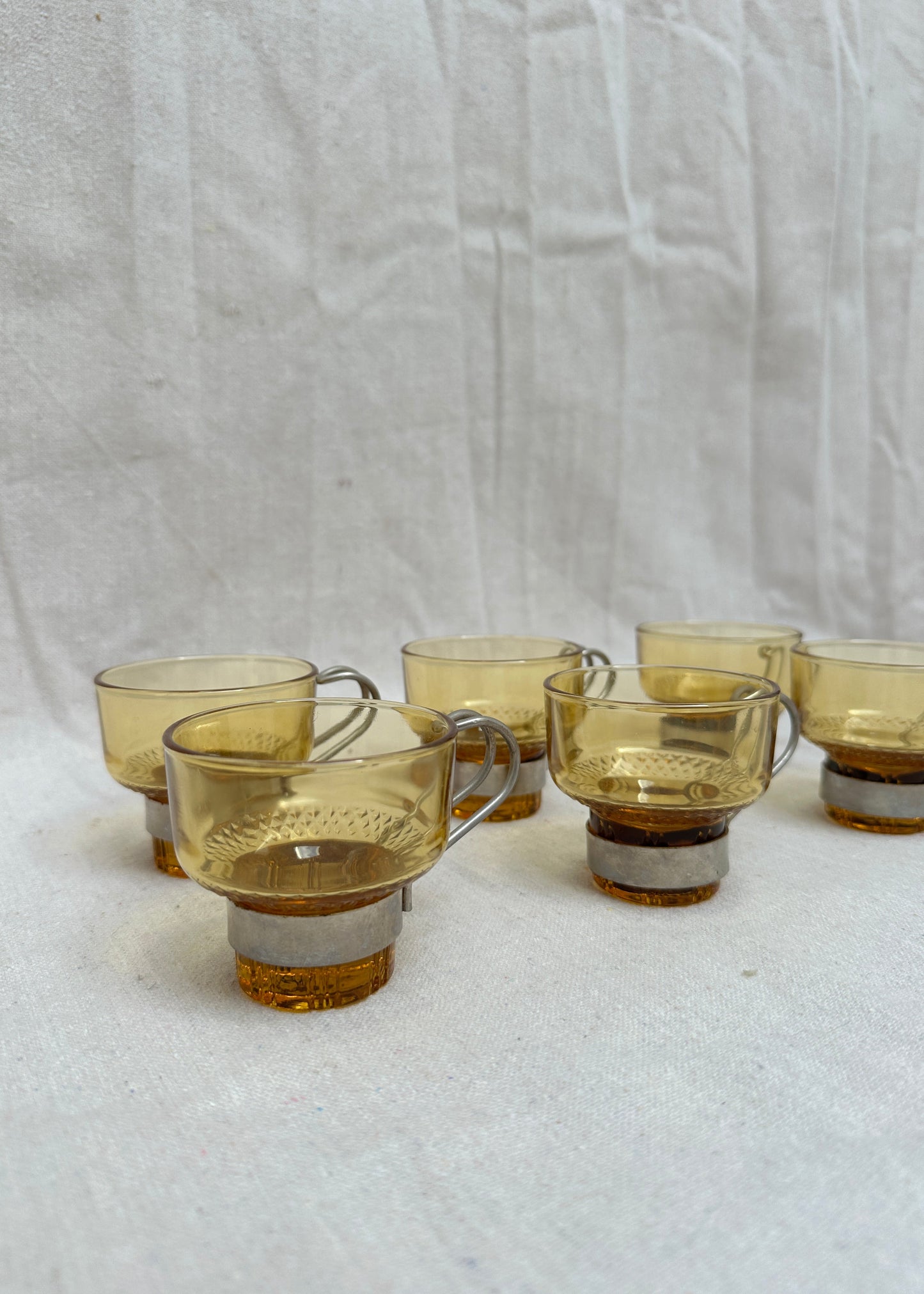 Set of 6 Amber Glass Espresso Cups with Chrome Holders, Italy (c.1970s)
