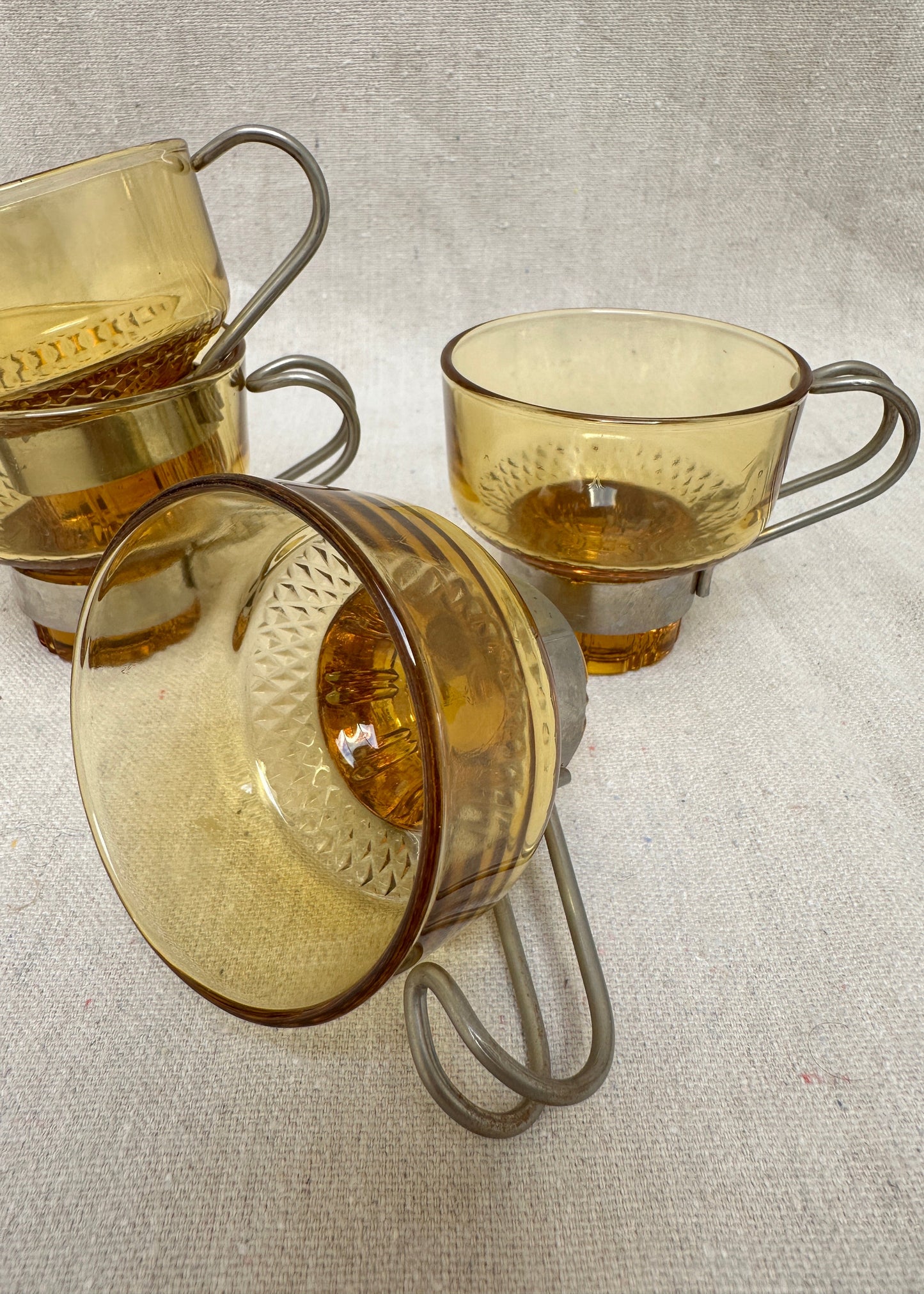 Set of 6 Amber Glass Espresso Cups with Chrome Holders, Italy (c.1970s)