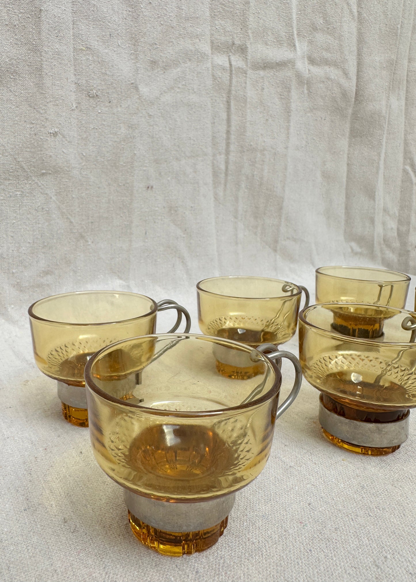 Set of 6 Amber Glass Espresso Cups with Chrome Holders, Italy (c.1970s)