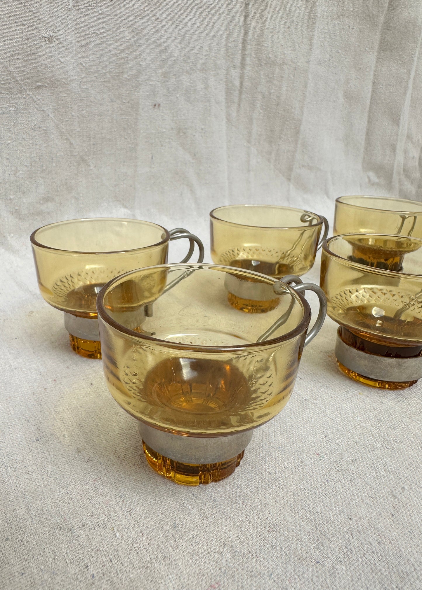 Set of 6 Amber Glass Espresso Cups with Chrome Holders, Italy (c.1970s)
