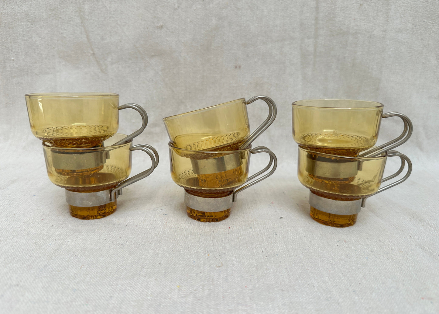 Set of 6 Amber Glass Espresso Cups with Chrome Holders, Italy (c.1970s)