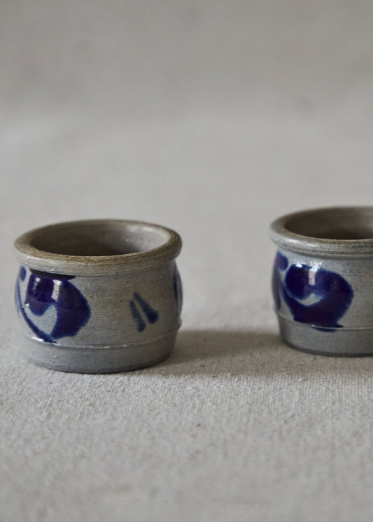 Vintage Blue Salt Glazed Pottery Mini Cups
