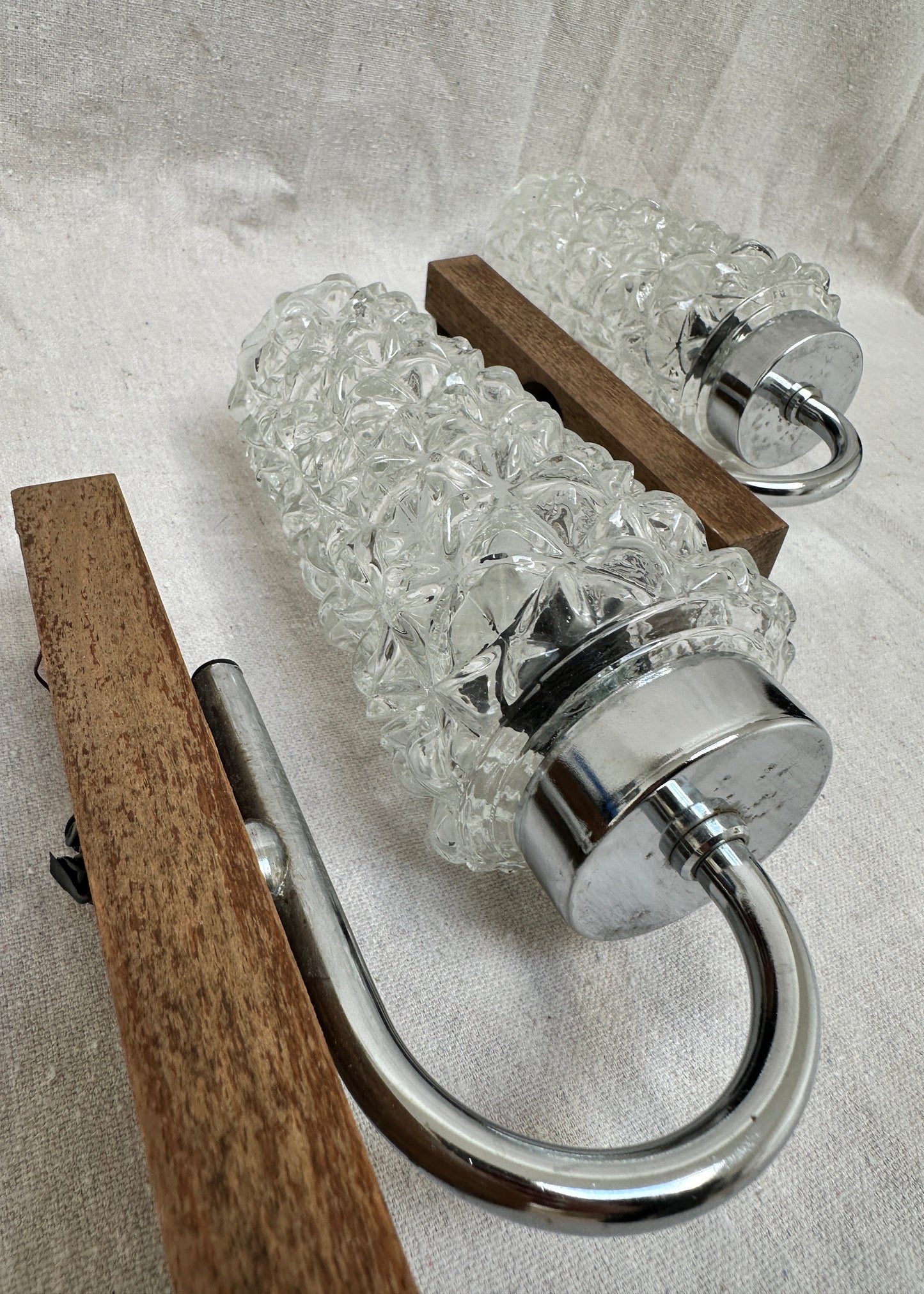 1970s Vintage Glass, Chrome & Wood Wall Sconces