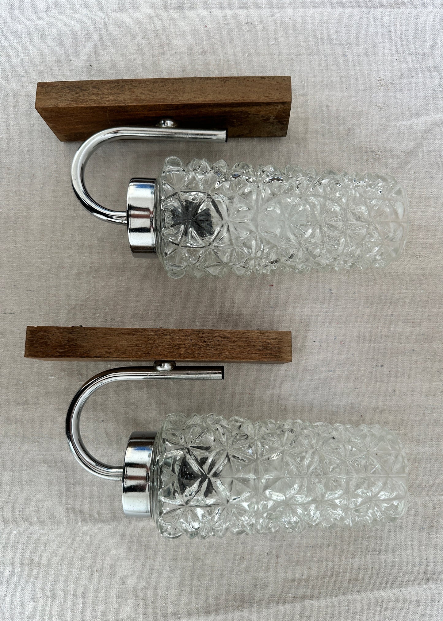 1970s Vintage Glass, Chrome & Wood Wall Sconces