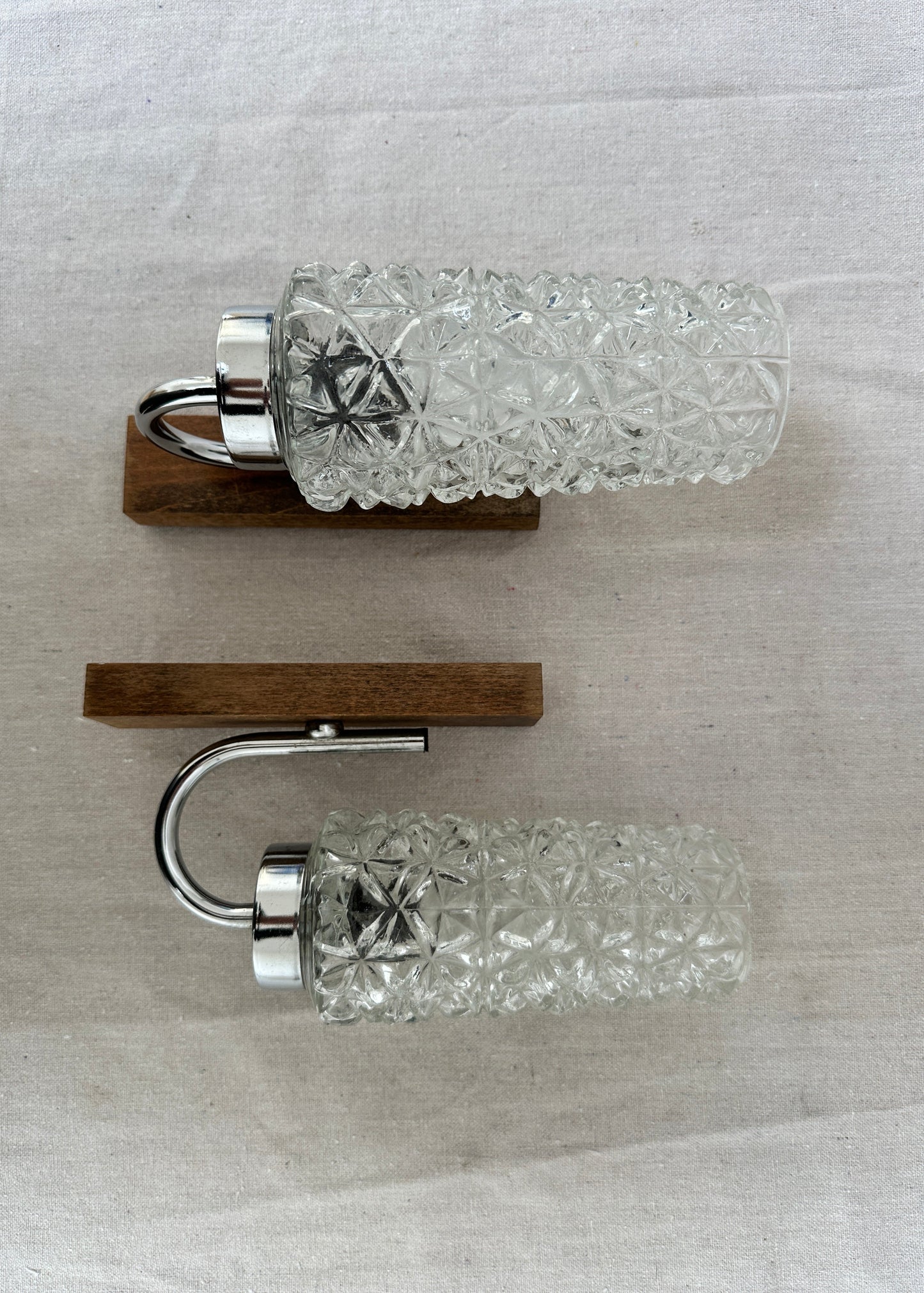 1970s Vintage Glass, Chrome & Wood Wall Sconces