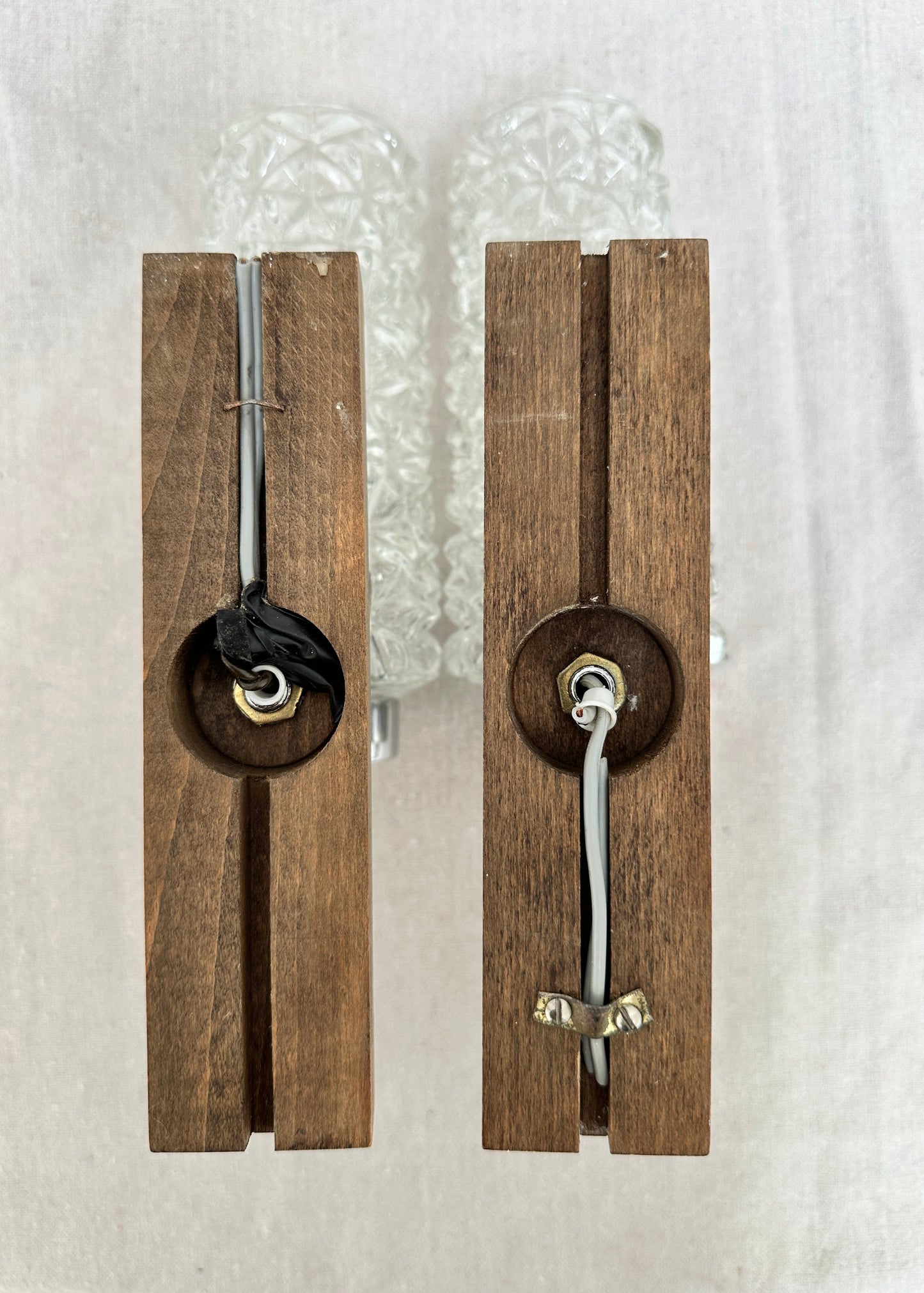 1970s Vintage Glass, Chrome & Wood Wall Sconces