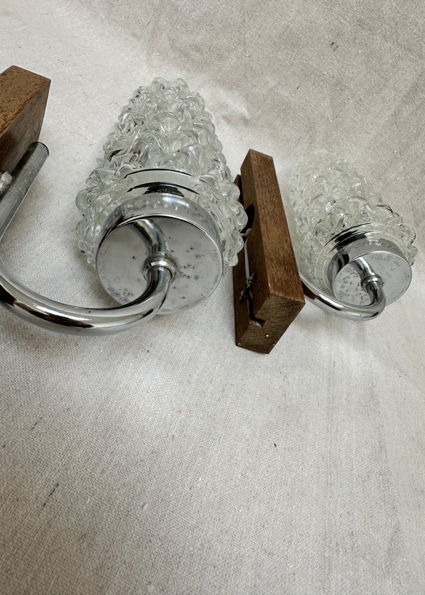 1970s Vintage Glass, Chrome & Wood Wall Sconces