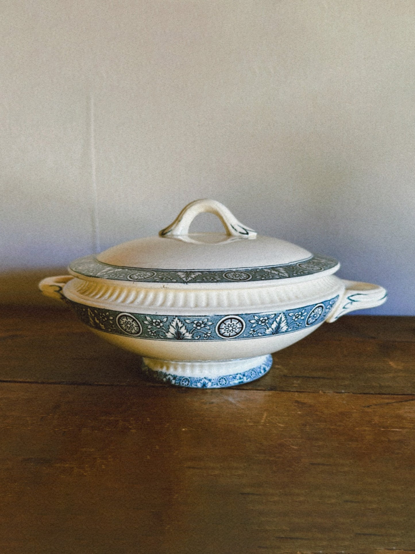 White with blue design soup bowl with lid