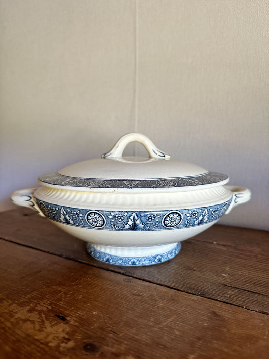 White with blue design soup bowl with lid