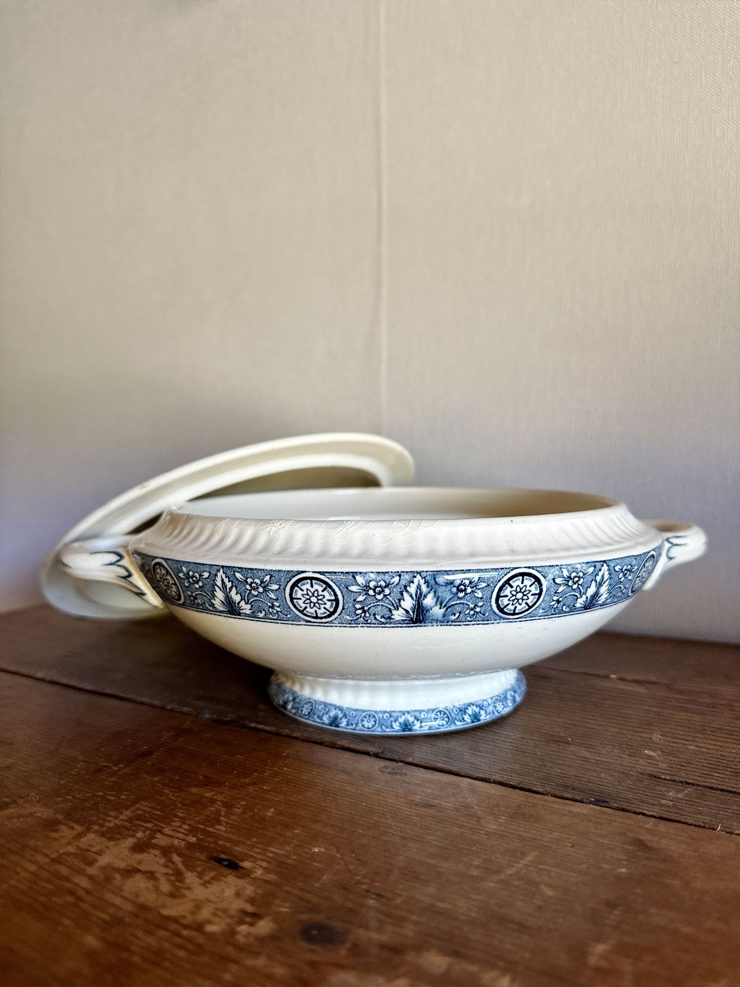 White with blue design soup bowl with lid