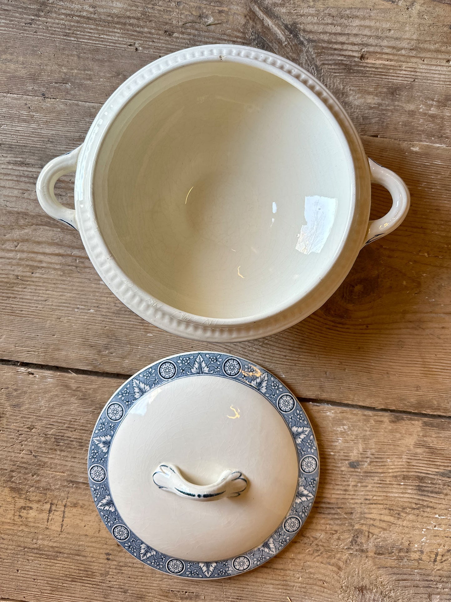 White with blue design soup bowl with lid