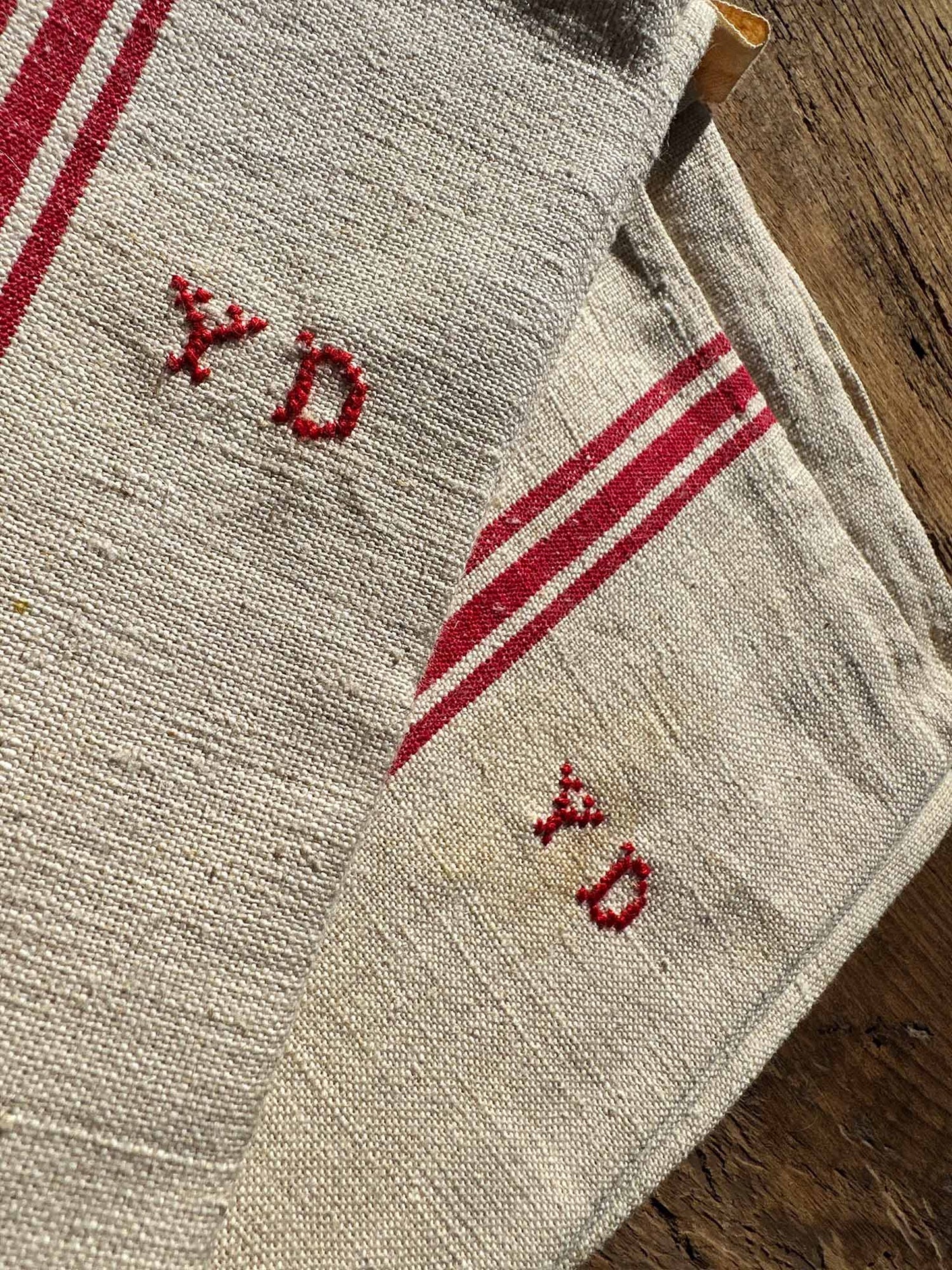 Three tea towels Y D embroidery
