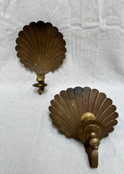 Pair of 1950s Brass Scallop Shell Candle Sconces