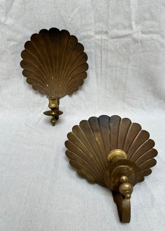 Pair of 1950s Brass Scallop Shell Candle Sconces