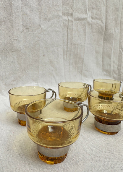 Set of 6 Amber Glass Espresso Cups with Chrome Holders, Italy (c.1970s)
