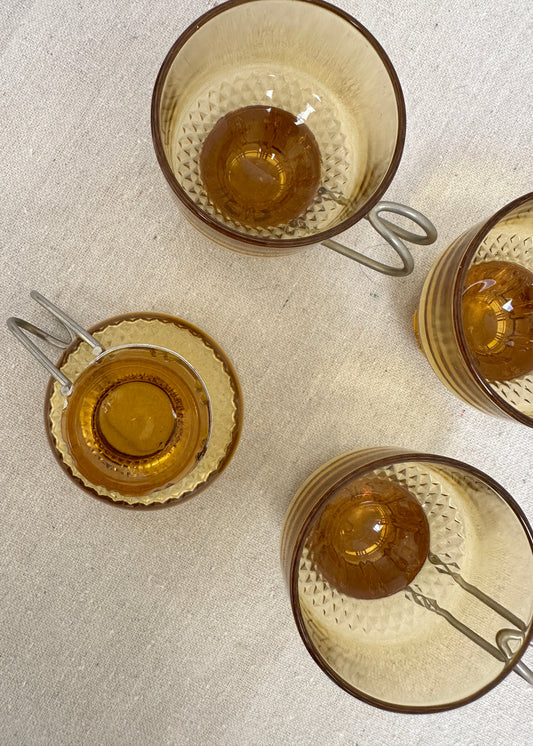 Set of 6 Amber Glass Espresso Cups with Chrome Holders, Italy (c.1970s)