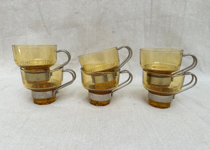 Set of 6 Amber Glass Espresso Cups with Chrome Holders, Italy (c.1970s)