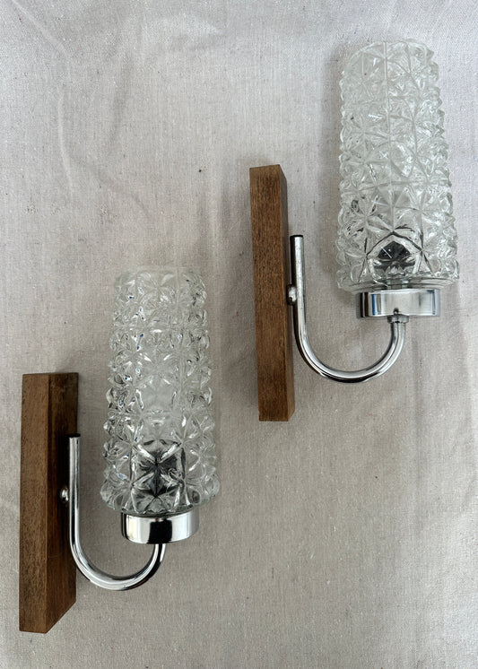 1970s Vintage Glass, Chrome & Wood Wall Sconces