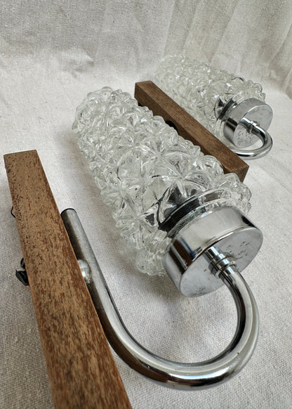 1970s Vintage Glass, Chrome & Wood Wall Sconces