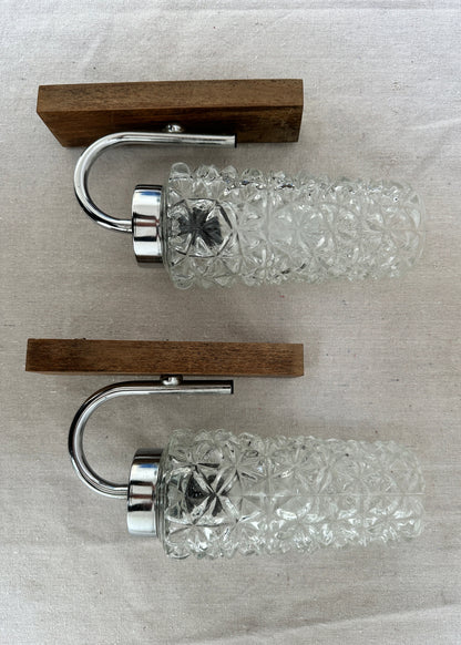 1970s Vintage Glass, Chrome & Wood Wall Sconces