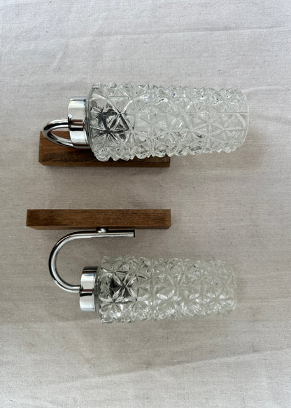 1970s Vintage Glass, Chrome & Wood Wall Sconces