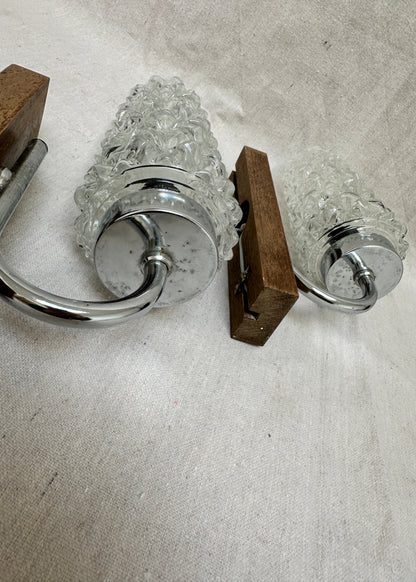 1970s Vintage Glass, Chrome & Wood Wall Sconces