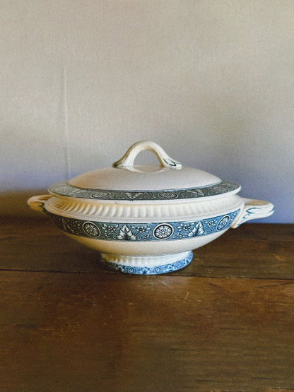 White with blue design soup bowl with lid